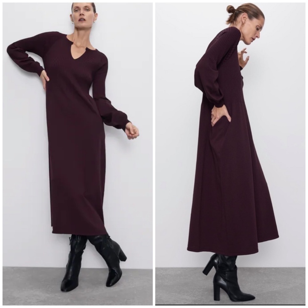 Zara | Maroon Ribbed Knit Midi Dress Puff Sleeves